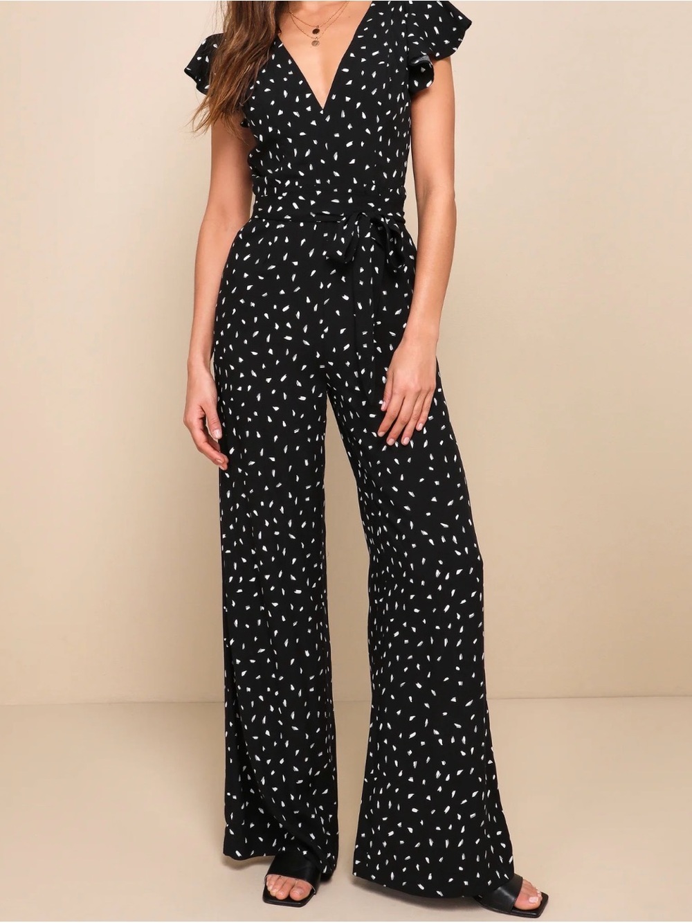 Lulus Black & White Printed Wrap Jumpsuit Size S